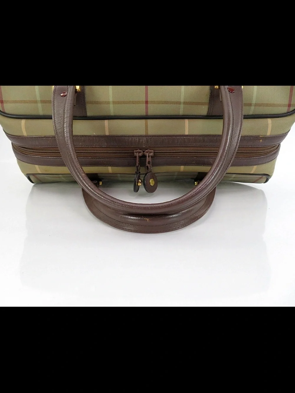 Burberry Olive Green Plaid Canvas Top-Handle Satchel with Brown Leather Trim